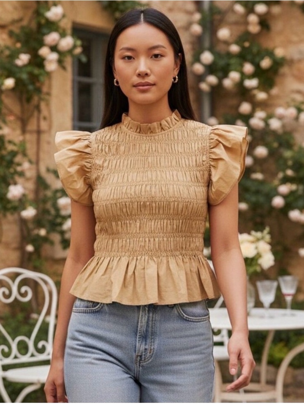 Tuckernuck Hyacinth House Nadine Smocked High Neck Peplum Tan Top Sz XL NWT